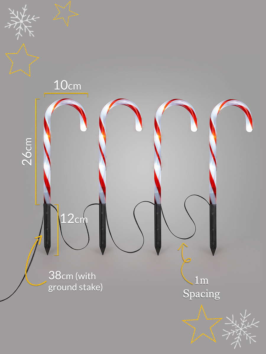 Small Candy Cane Christmas Lights (4 x 26cm) | Christow