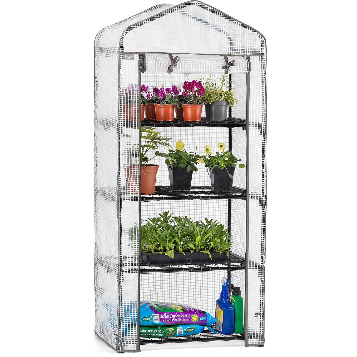 Small 4-tier Portable Greenhouse with Four Steel Shelves and Clear PVC Cover 