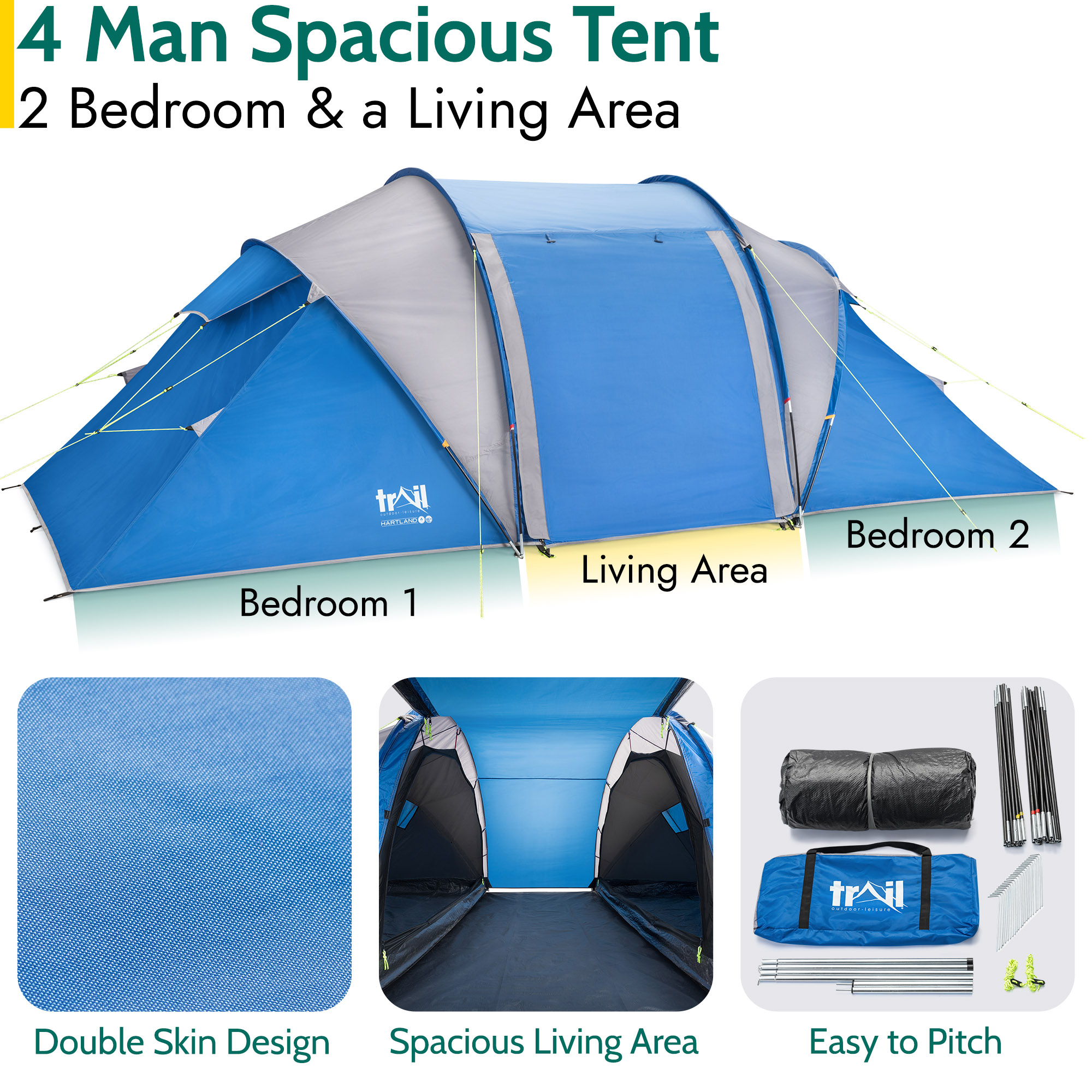 Trail Hartland 4 Man Family Tunnel Tent Darkened Bedrooms