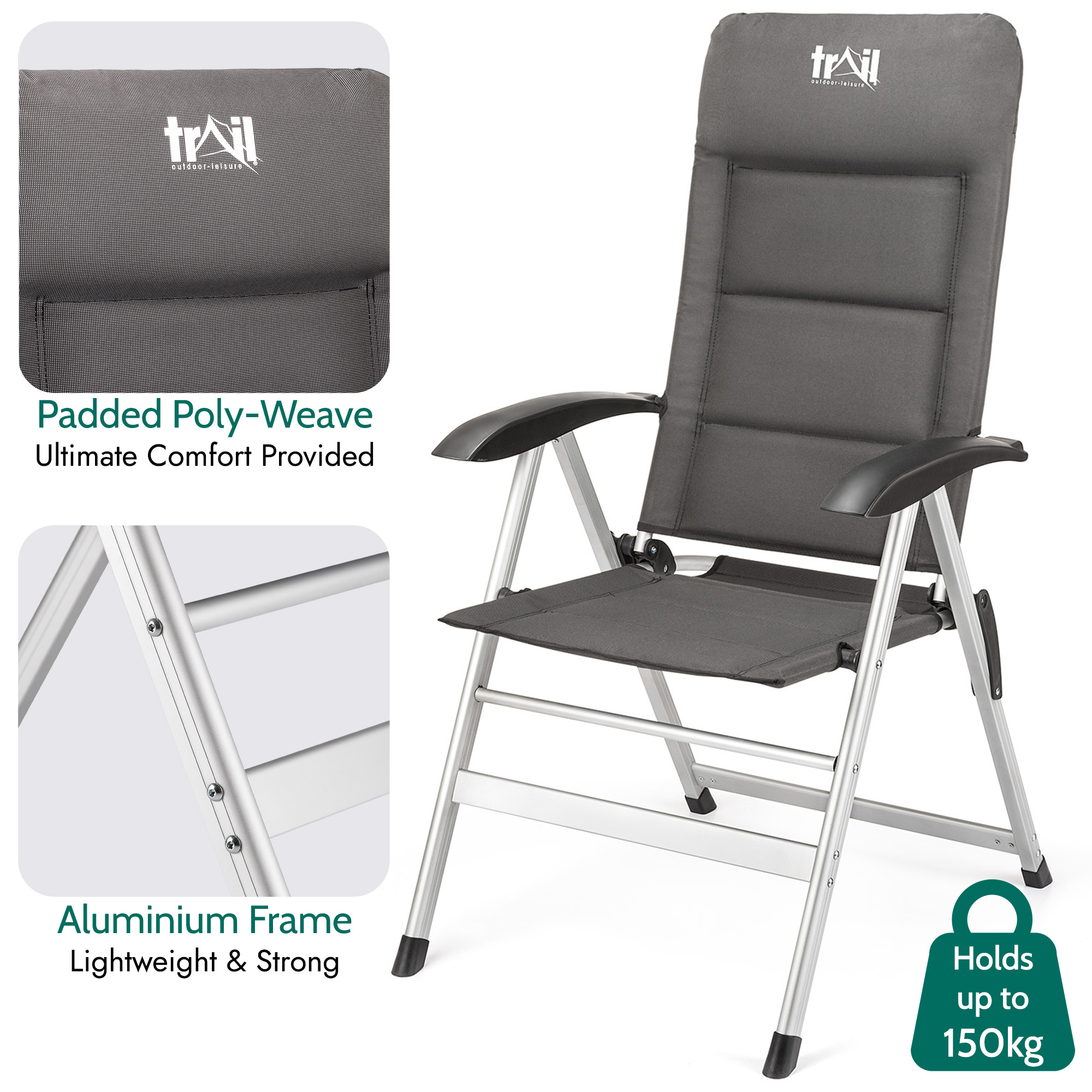 Reclining Camping Chair Folding Aluminium Garden Recliner Sponge Padded Trail - Picture 18 of 21