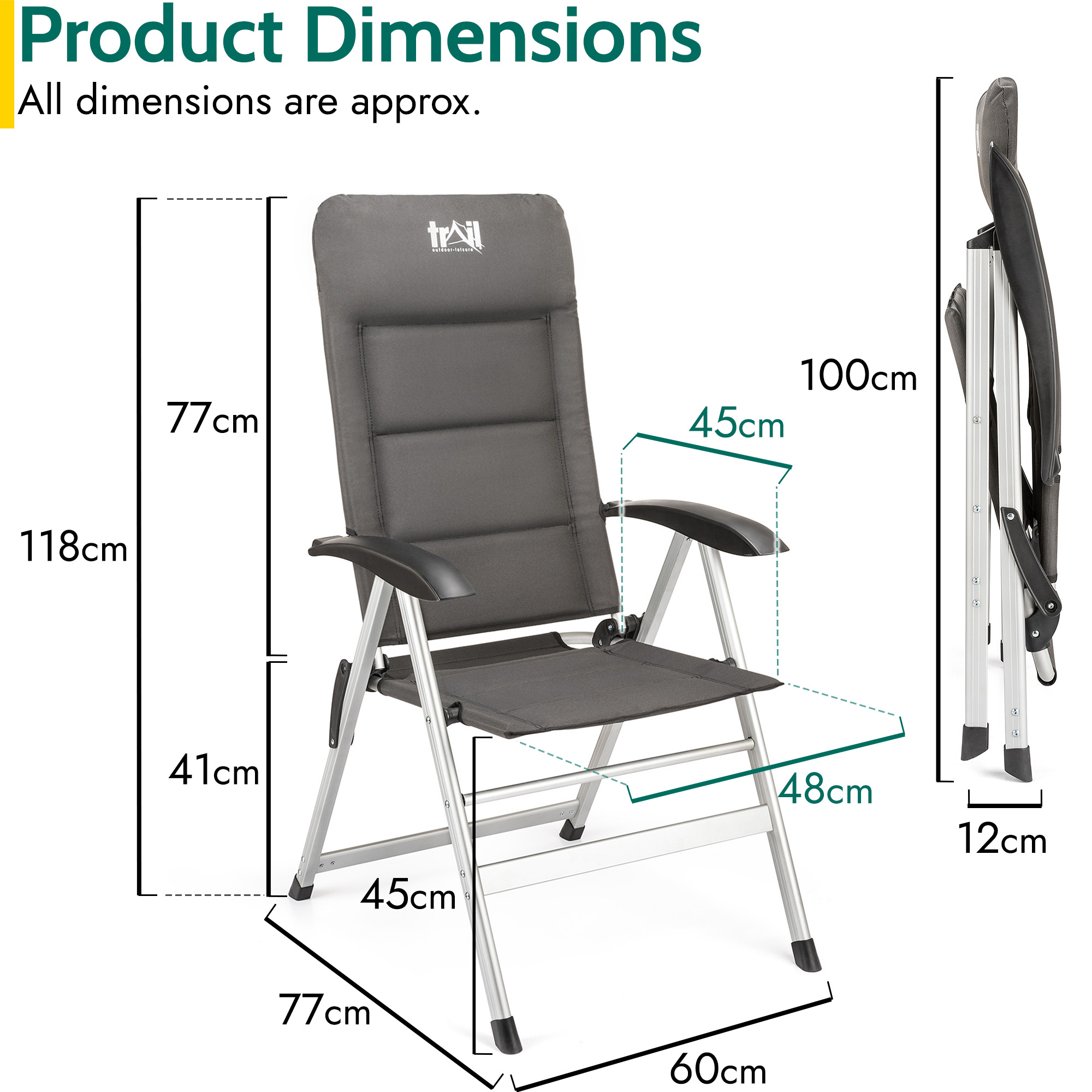 Reclining Camping Chair Folding Aluminium Garden Recliner Sponge Padded Trail - Picture 21 of 21
