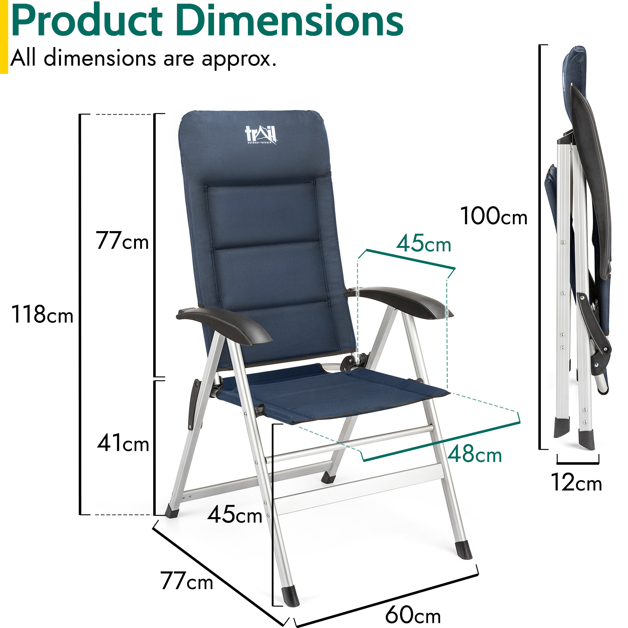 Reclining Camping Chair Folding Aluminium Garden Recliner Sponge Padded Trail - Picture 14 of 21