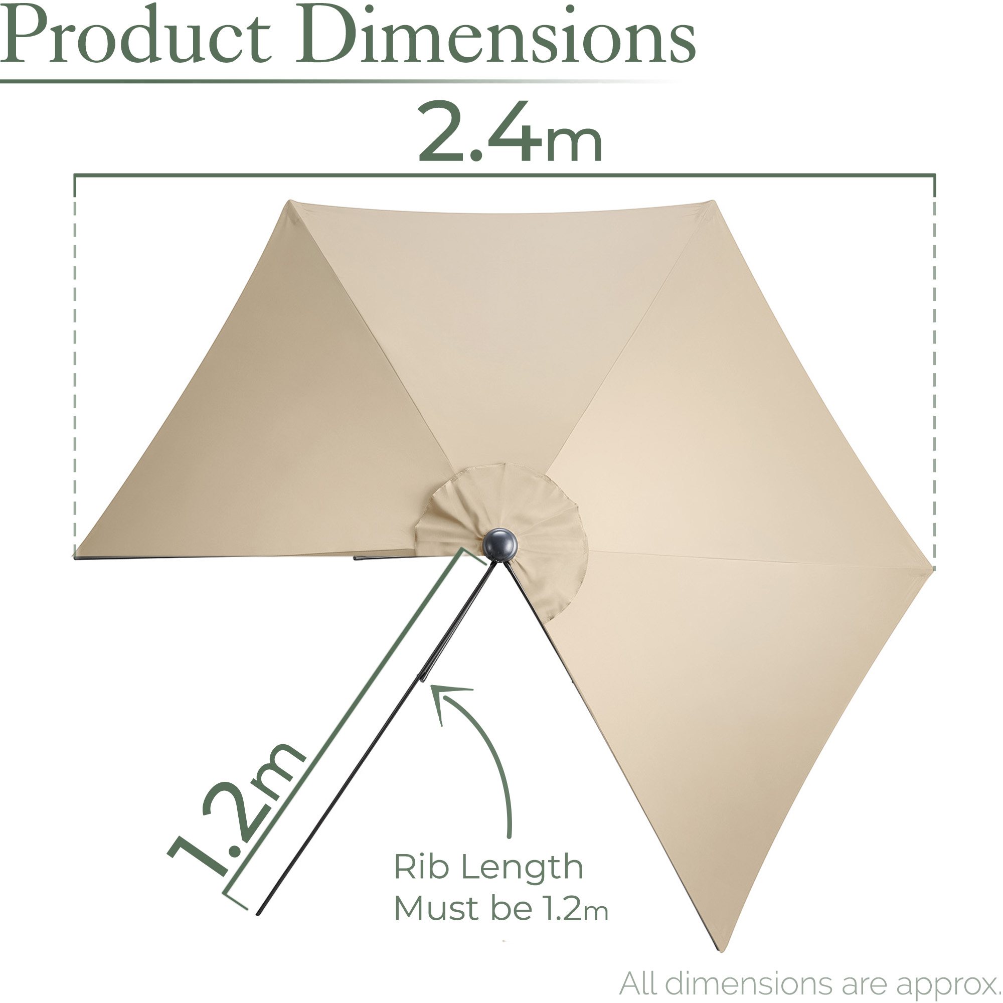 Replacement Parasol Canopy 2.4m Hexagonal 6 Arms UV Protection Christow