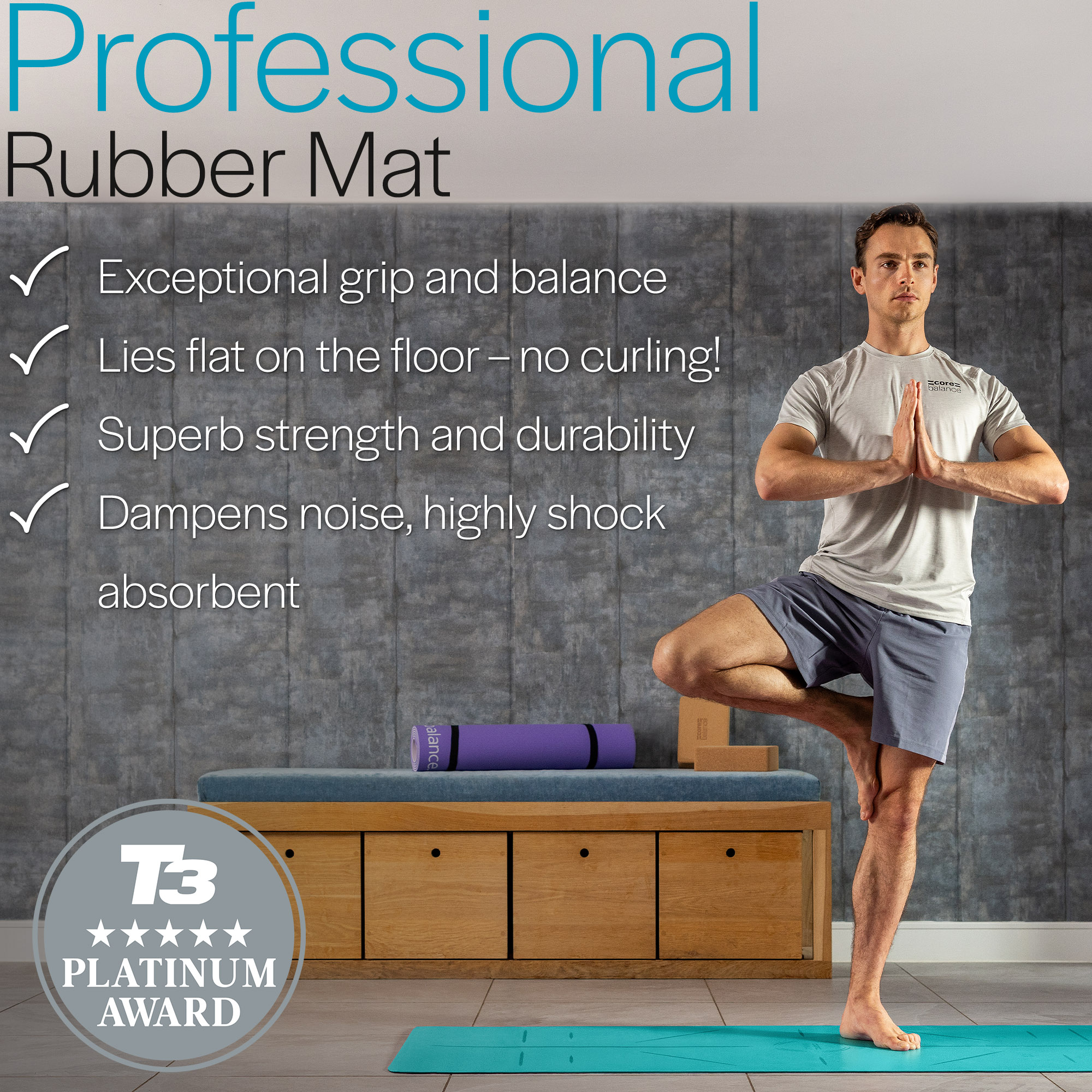Rubber Yoga Mat With Body Alignment Lines Non Slip Extra Wide Core Balance - Picture 26 of 30