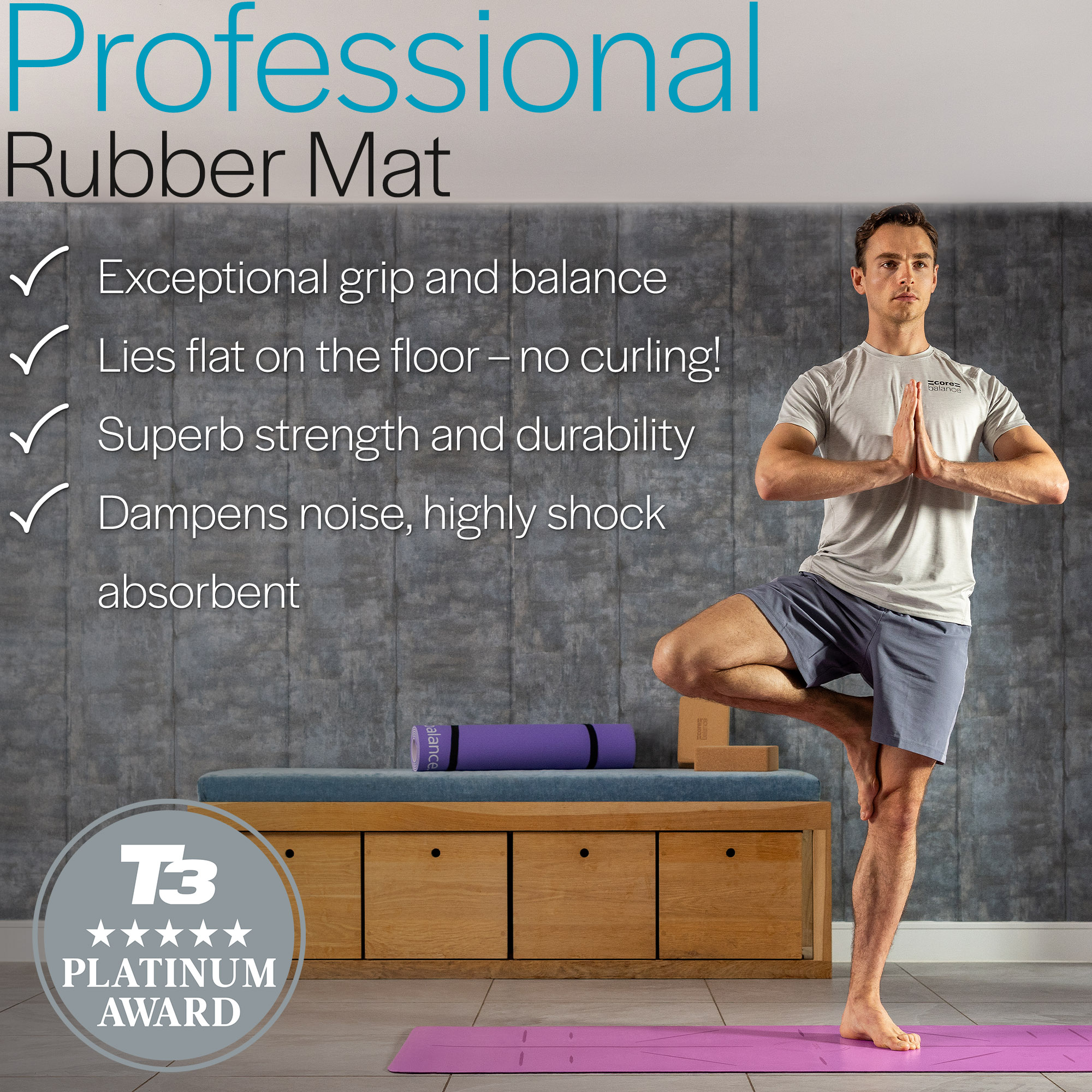 Rubber Yoga Mat With Body Alignment Lines Non Slip Extra Wide Core Balance - Picture 20 of 30
