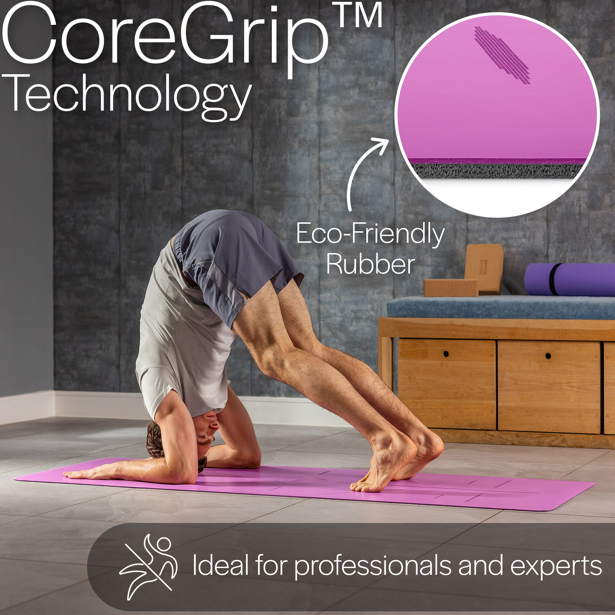Rubber Yoga Mat With Body Alignment Lines Non Slip Extra Wide Core Balance - Picture 21 of 30