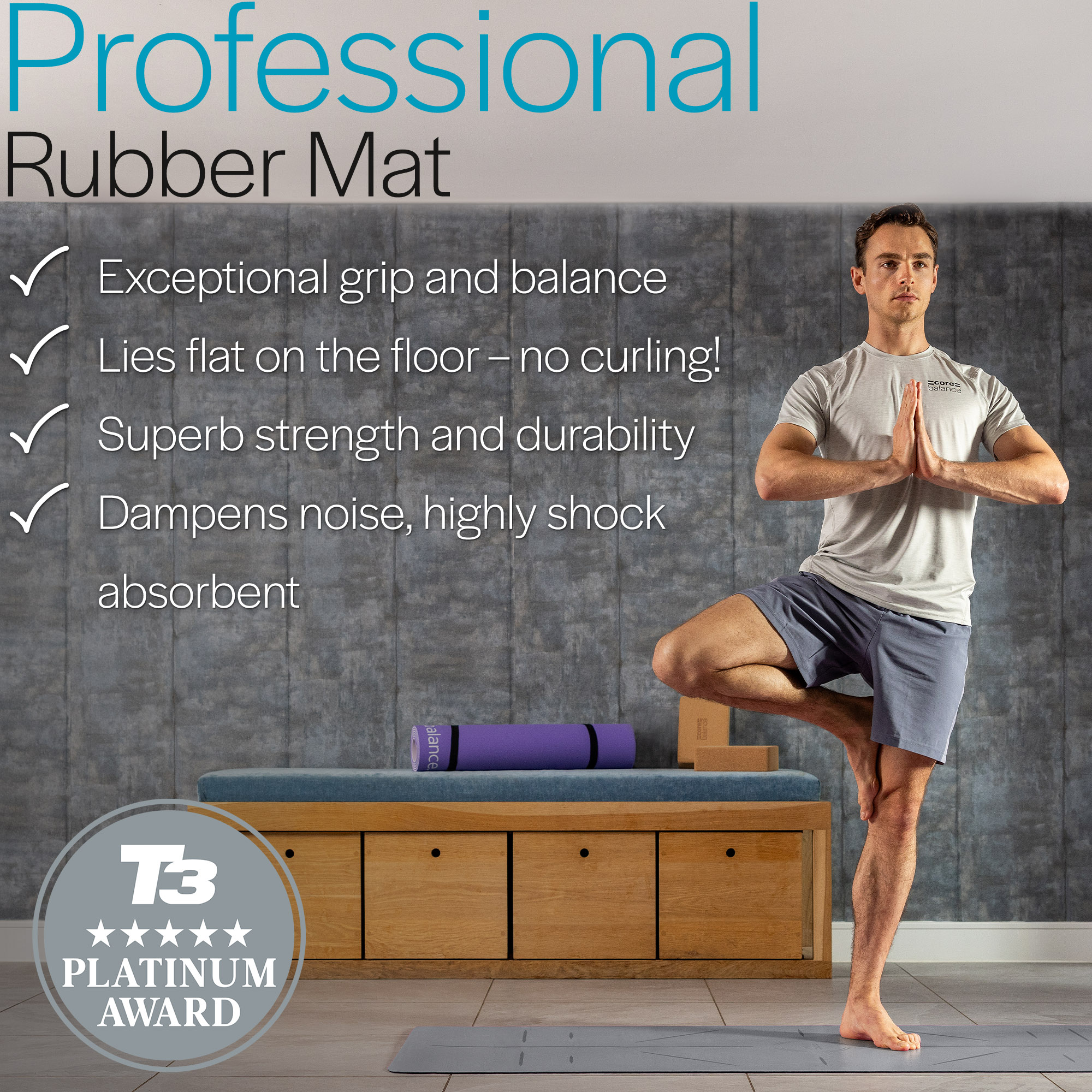 Rubber Yoga Mat With Body Alignment Lines Non Slip Extra Wide Core Balance - Picture 14 of 30