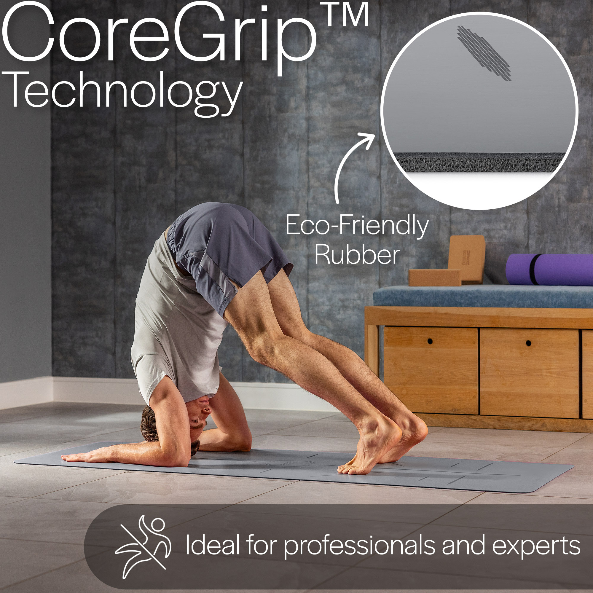 Rubber Yoga Mat With Body Alignment Lines Non Slip Extra Wide Core Balance - Picture 15 of 30