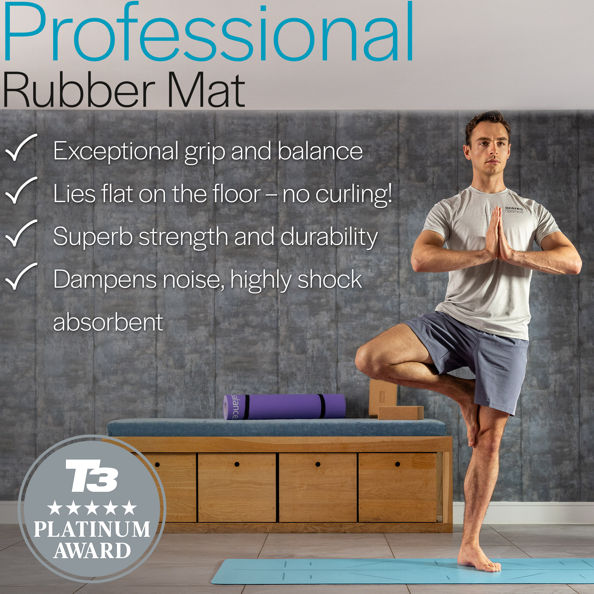 Rubber Yoga Mat With Body Alignment Lines Non Slip Extra Wide Core Balance - Picture 8 of 30
