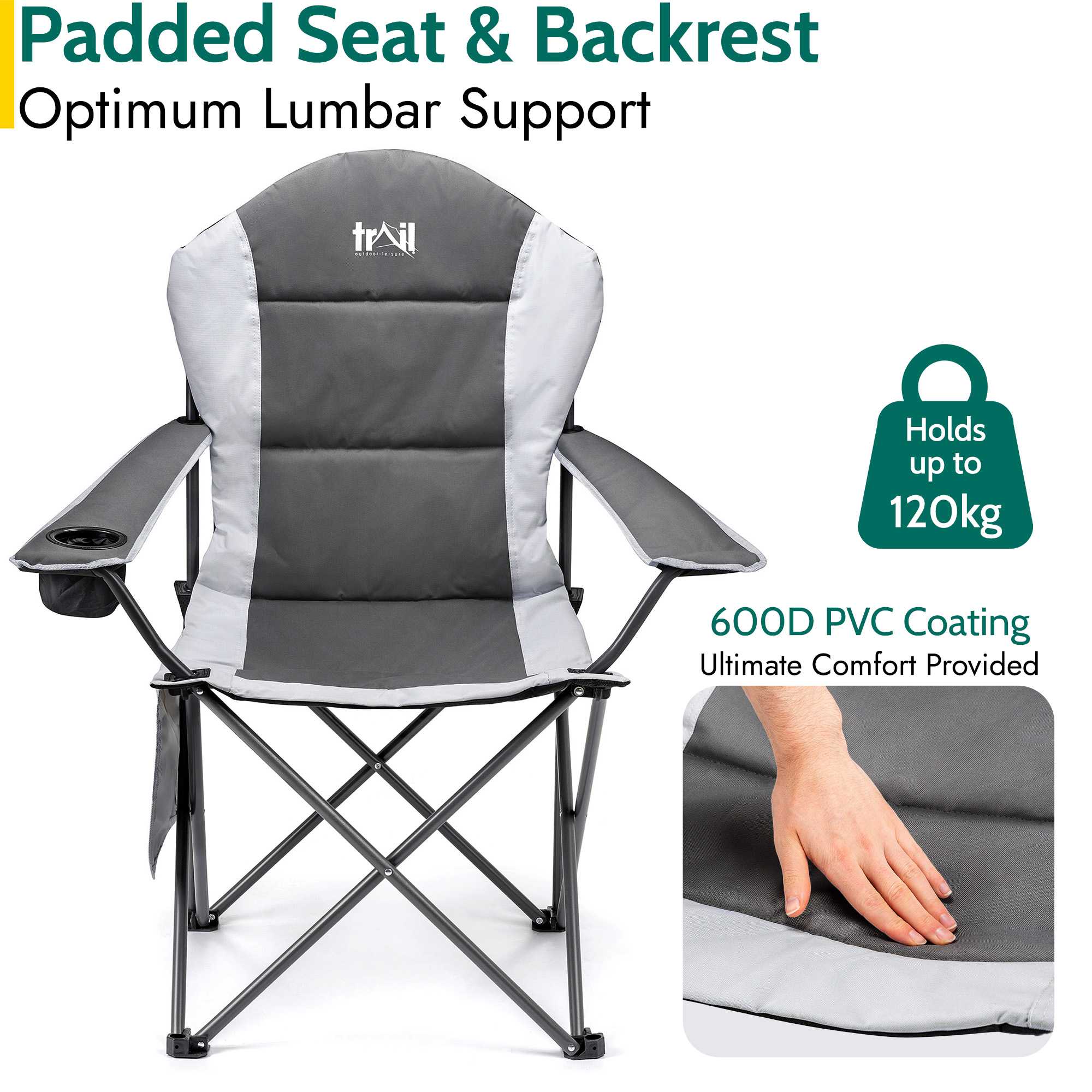Padded Camping Chair High Back Portable Folding Outdoor Seat Trail (Twin Pack) - Picture 18 of 21