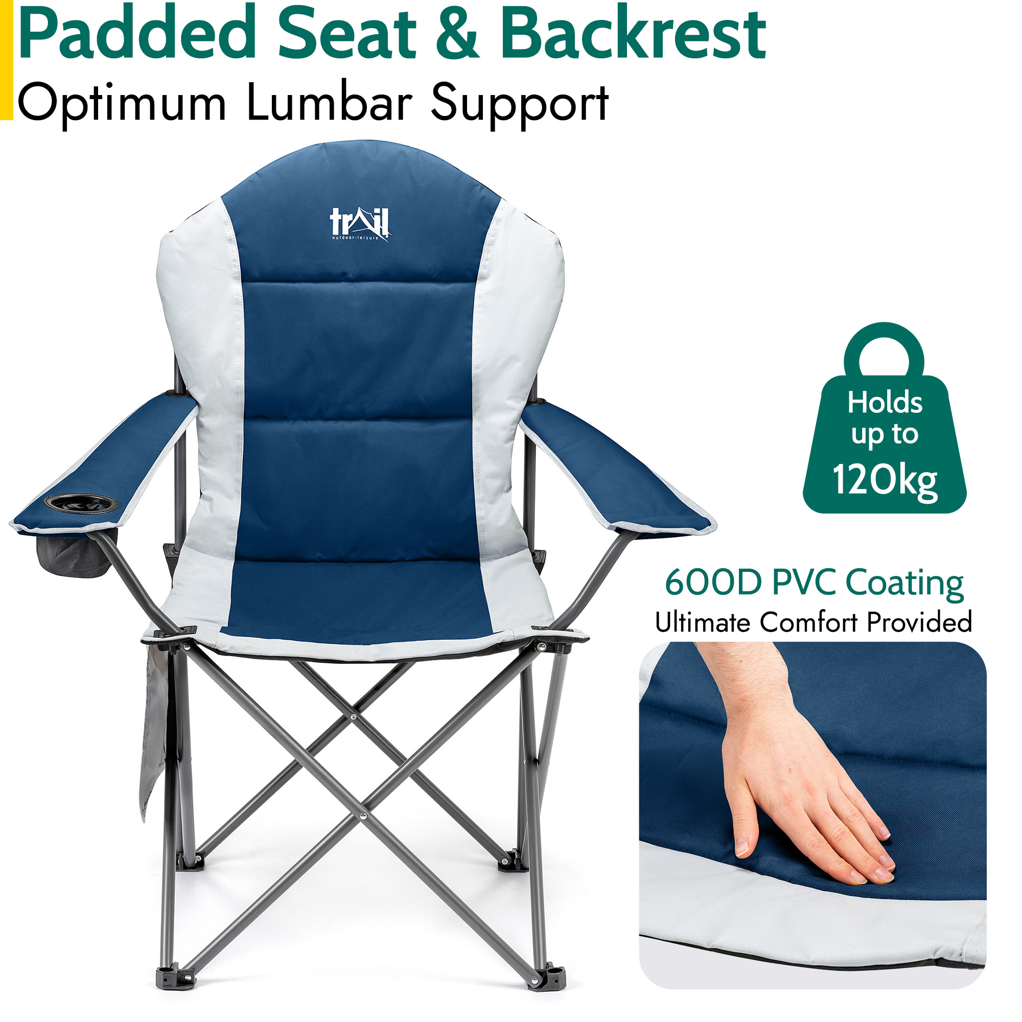 Padded Camping Chair High Back Portable Folding Outdoor Seat Trail (Twin Pack) - Picture 11 of 21