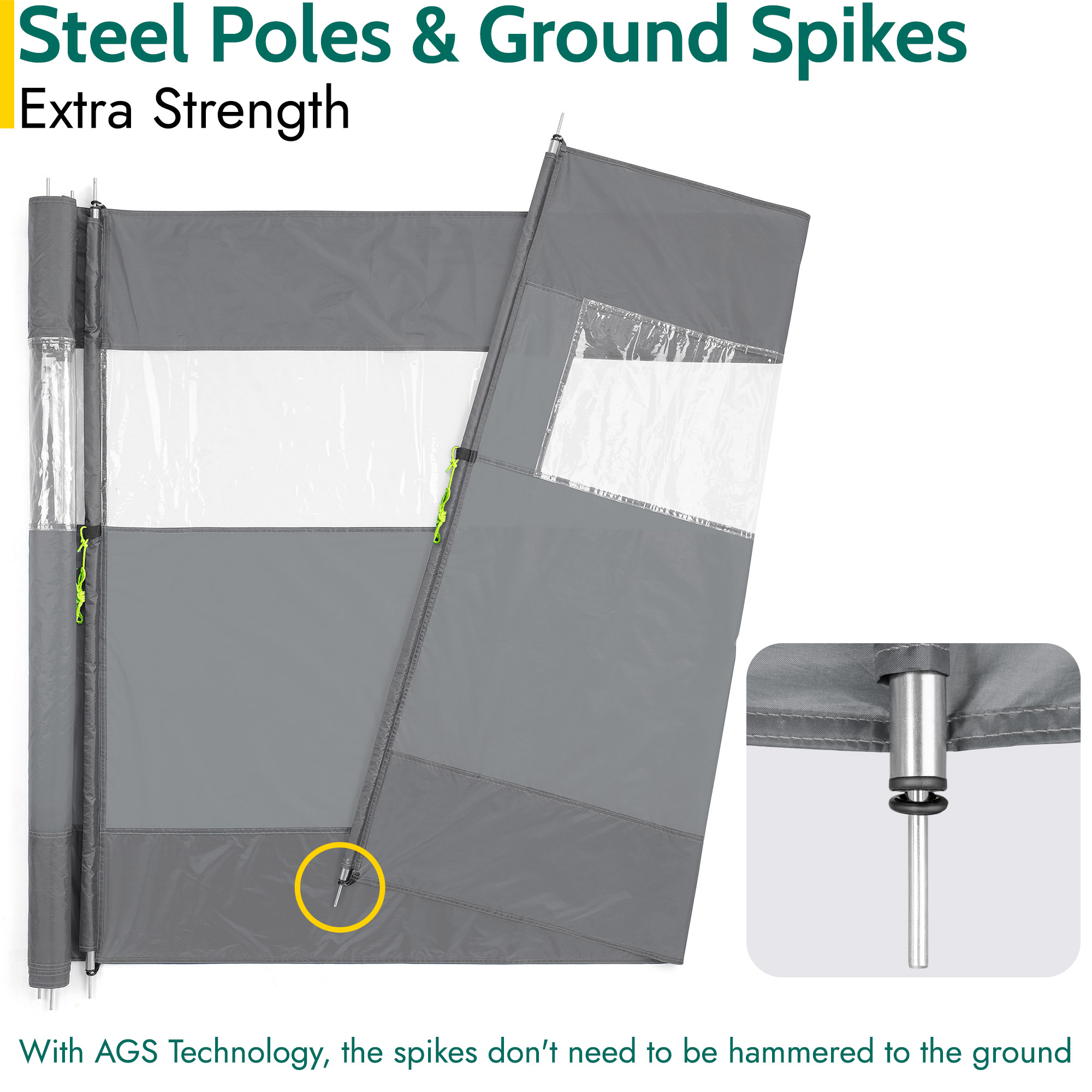 Trail 4 Pole Windbreak Steel Spike Windbreaker with PVC Window 5m x 1.4m - Picture 18 of 21