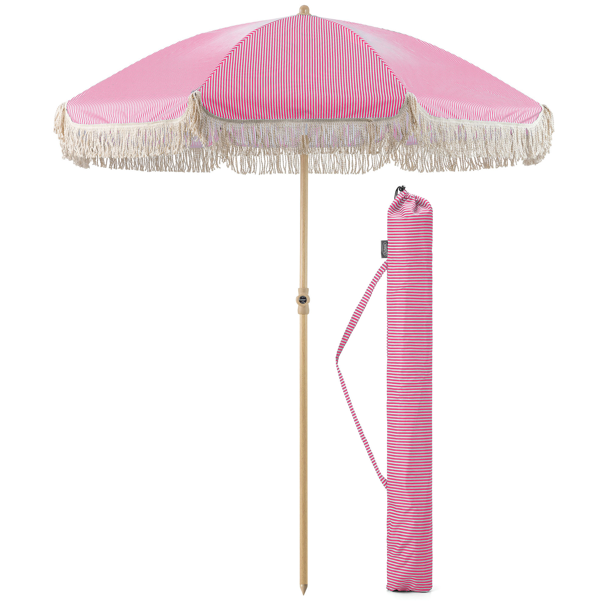 Portable Parasol Beach Garden Tilting Umbrella Fringed Tassel Sun Shade UV50+ 2m