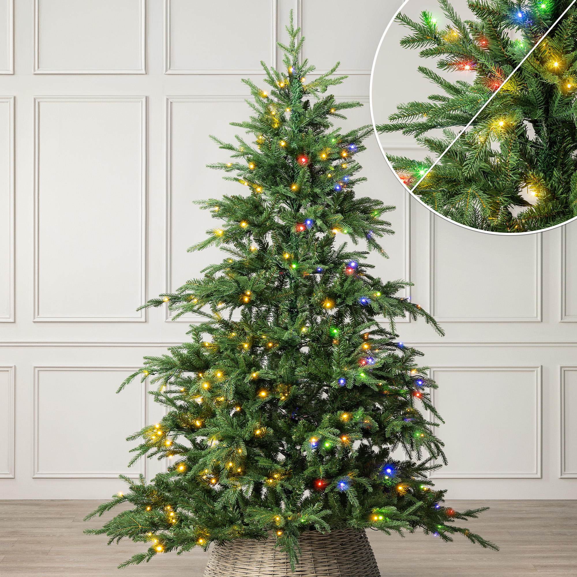 Christow Pre Lit Christmas Tree Nordmann Fir Colour Switch & Timer 6ft 7ft 8ft