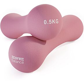 Pair of Core Balance 0.5kg light pink neoprene bone dumbbells.