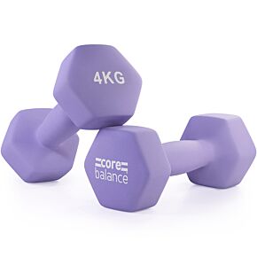 Pair of Core Balance 4kg purple neoprene hex dumbbells.