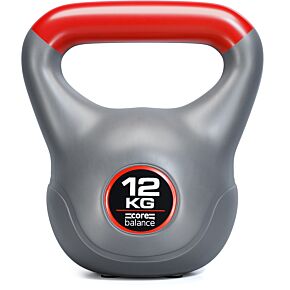 Core Balance 12kg grey vinyl kettlebell with red handle.