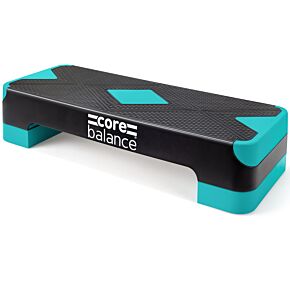 Exercise step is adjustable to 2 height levels and is coloured black and teal.