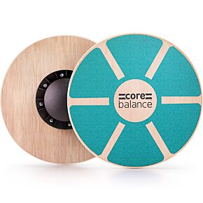 Core Balance teal wooden balance board viewed from the top and bottom.
