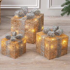 Christow Cotton Wrapped Light Up Christmas Parcels Champagne
