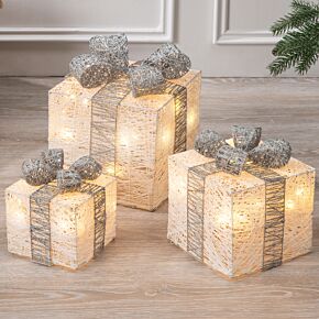 Christow Cotton Wrapped Light Up Christmas Parcels Light Grey