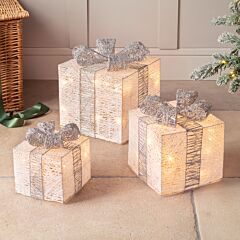 Light Up Christmas Parcels Set Of 3 LED Presents Battery Operated Sparkly Cotton
