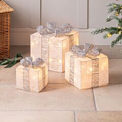 Light Up Christmas Parcels Set Of 3 LED Presents Battery Operated Sparkly Cotton