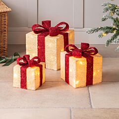 Light Up Christmas Parcels Set Of 3 LED Presents Battery Operated Sparkly Sisal