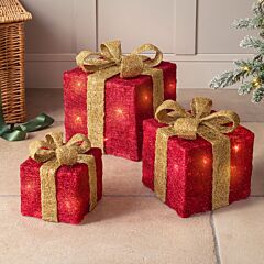 Light Up Christmas Parcels Set Of 3 LED Presents Battery Operated Sparkly Sisal