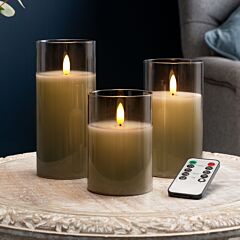 Flickering LED Candles Battery Operated Remote Control Glass Holder Set Of 3