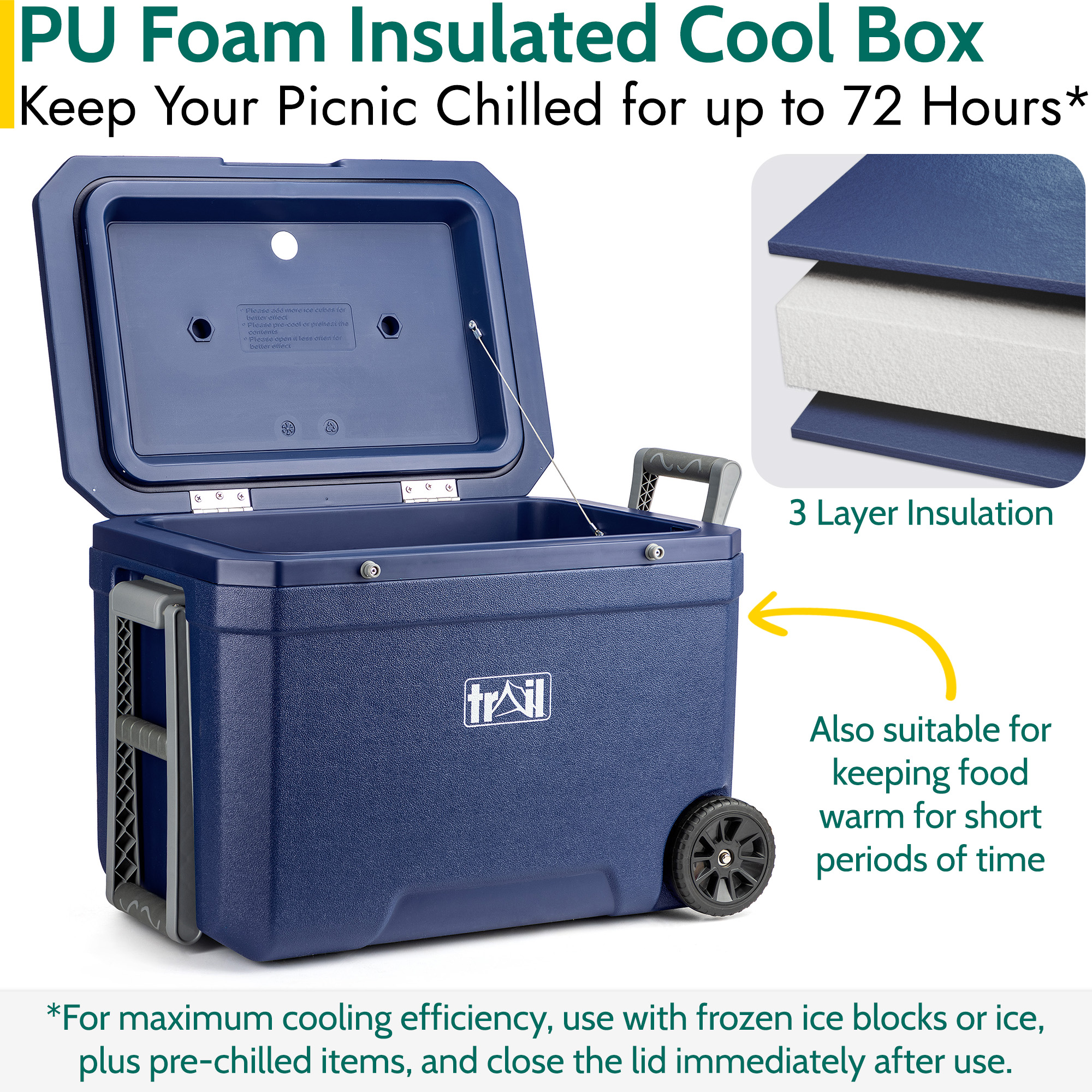 Large Cool Box on Wheels 45L Wheeled Insulated Hard Cooler Hot Cold Food Picnic - Picture 11 of 22