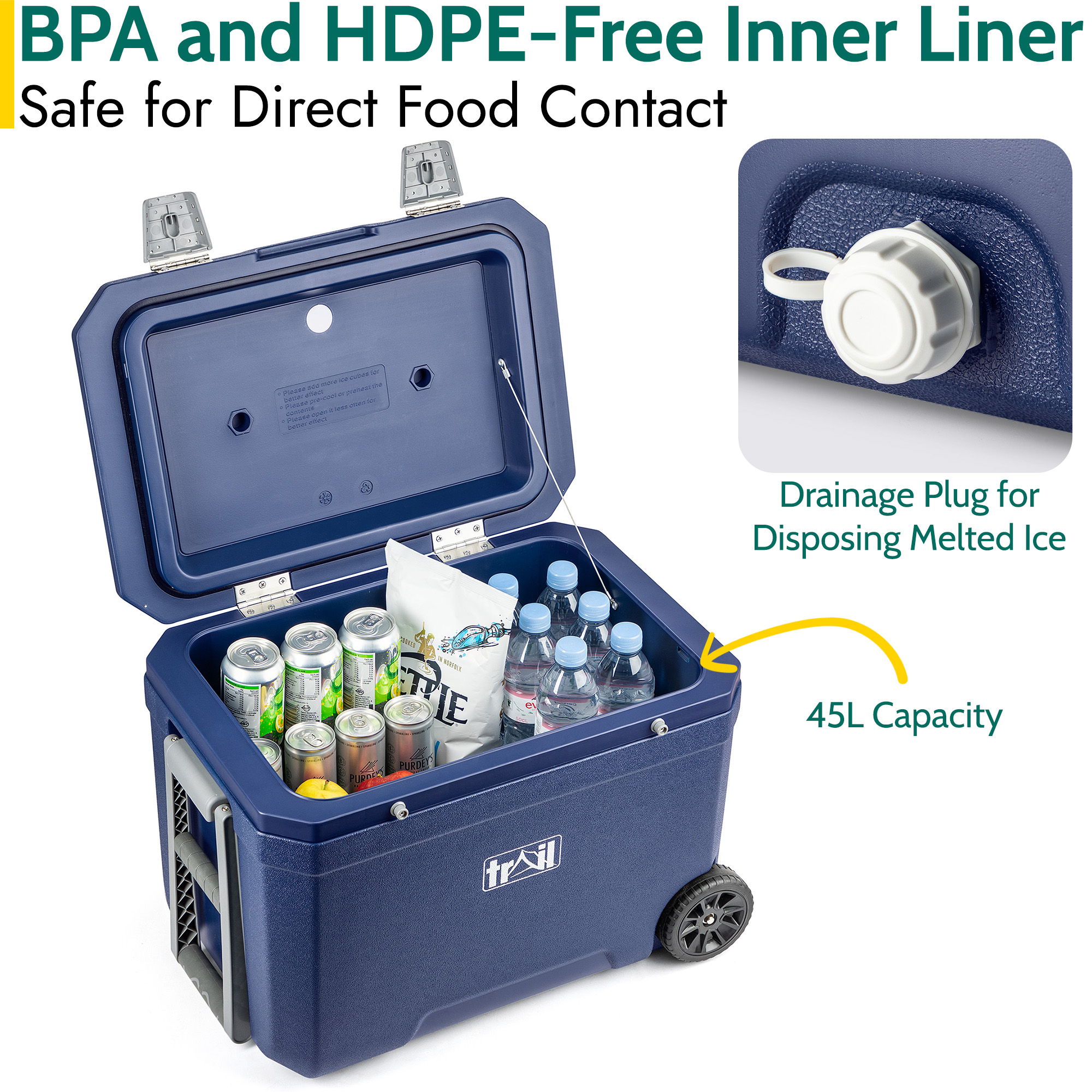 Large Cool Box on Wheels 45L Wheeled Insulated Hard Cooler Hot Cold Food Picnic - Picture 14 of 22