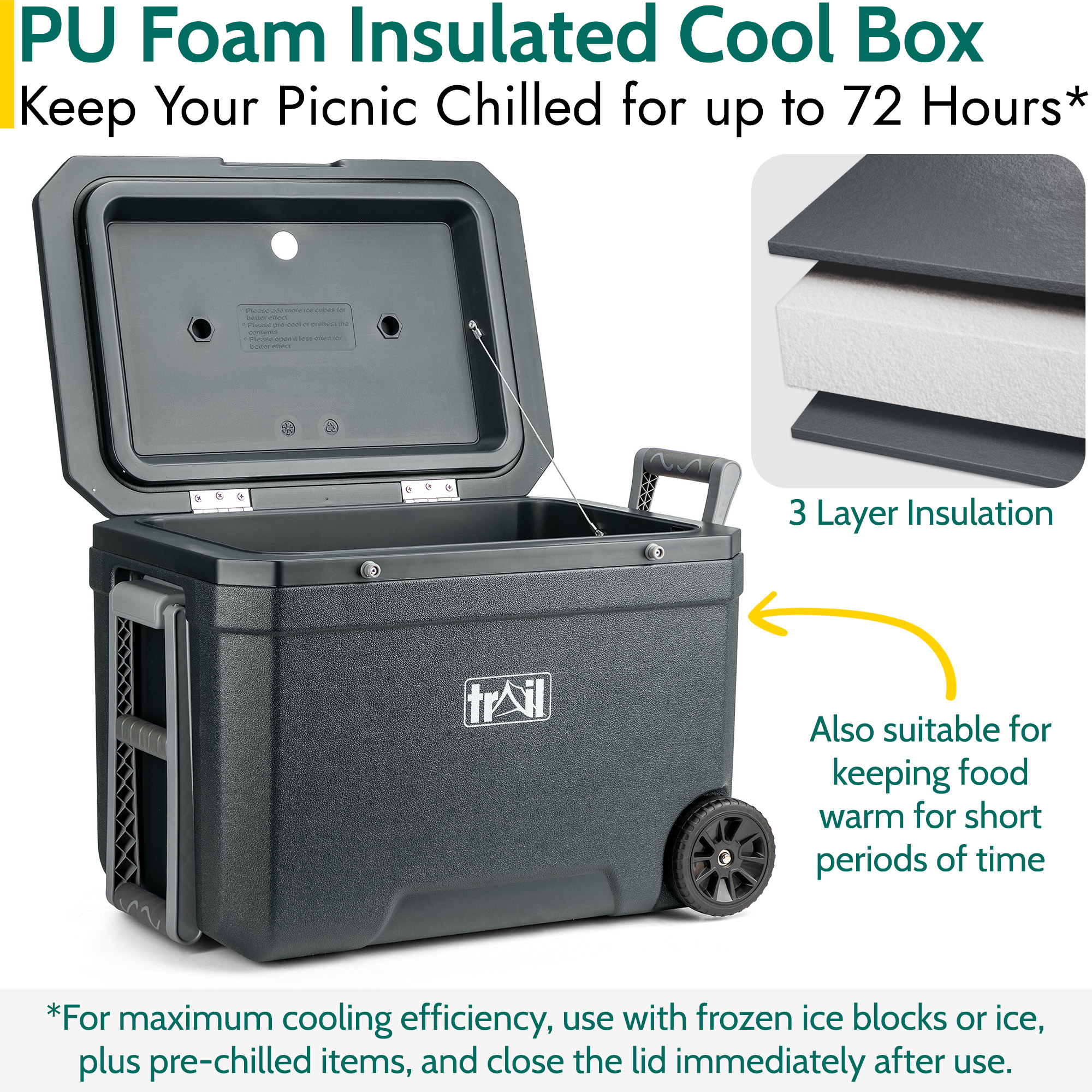 Large Cool Box on Wheels 45L Wheeled Insulated Hard Cooler Hot Cold Food Picnic - Picture 18 of 22
