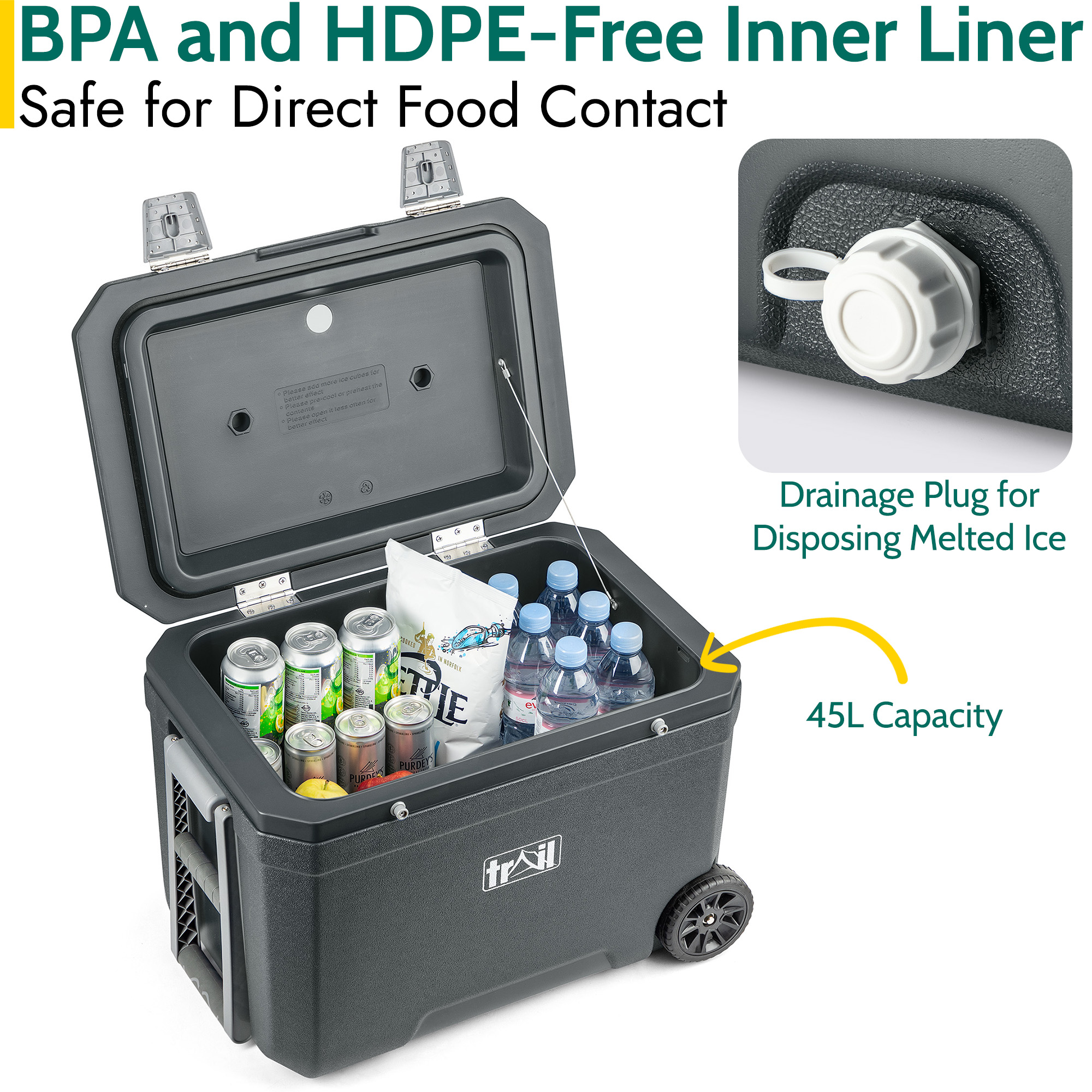 Large Cool Box on Wheels 45L Wheeled Insulated Hard Cooler Hot Cold Food Picnic - Picture 21 of 22
