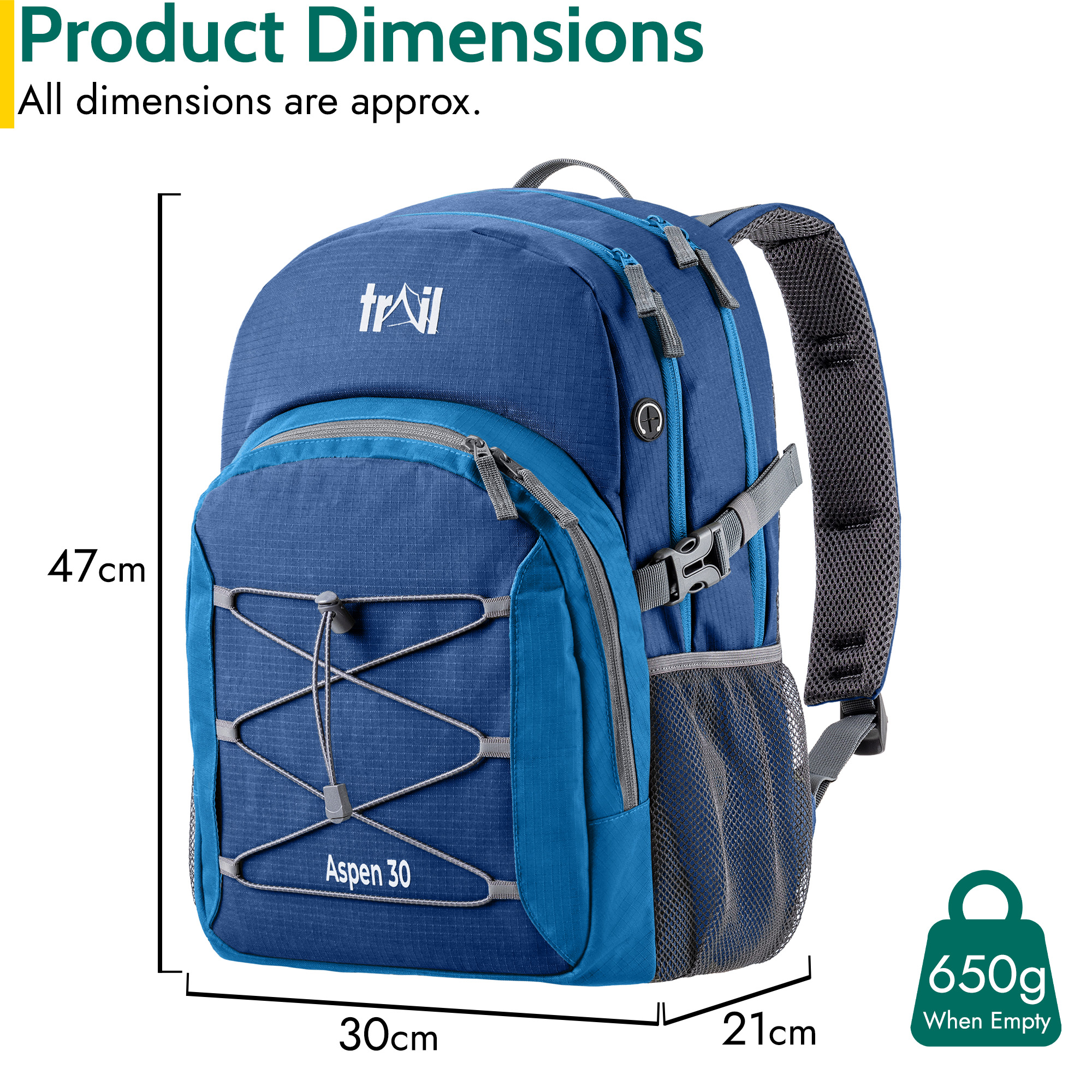 Trail 30L Backpack Padded Straps Multi Pocket Daypack School Work ...