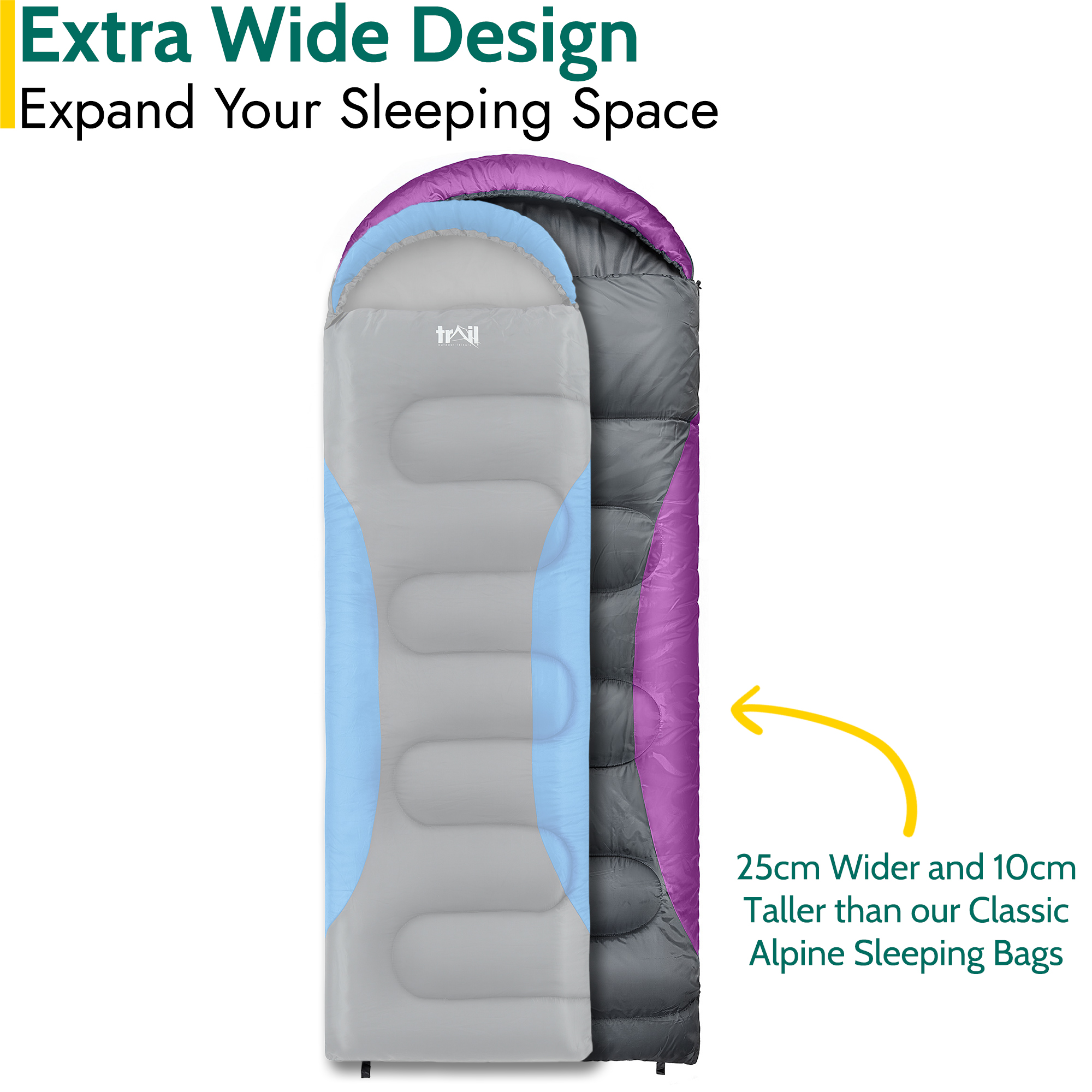 Trail XL Hooded Sleeping Bag Extra Wide Water Resistant 2-3 Season 230cm x 100cm - Produktbild 1