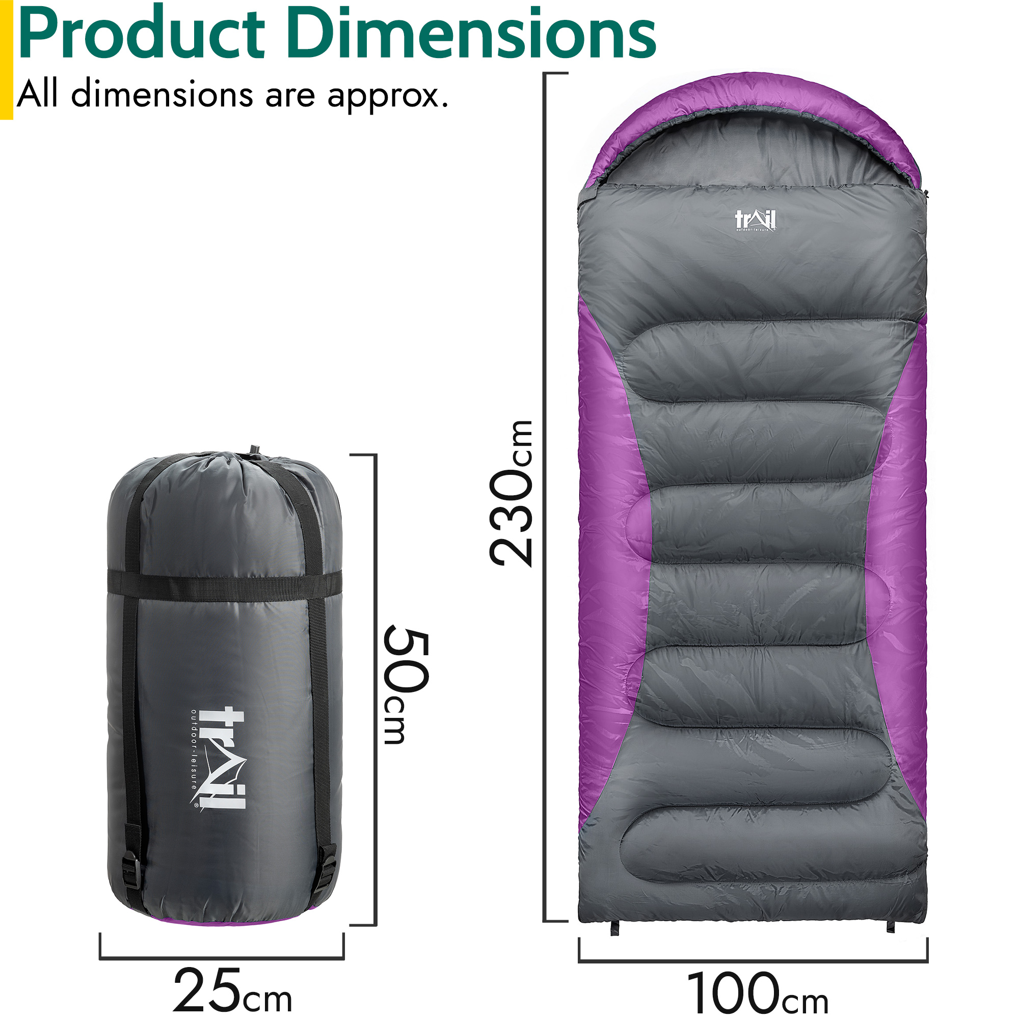 Trail XL Hooded Sleeping Bag Extra Wide Water Resistant 2-3 Season 230cm x 100cm