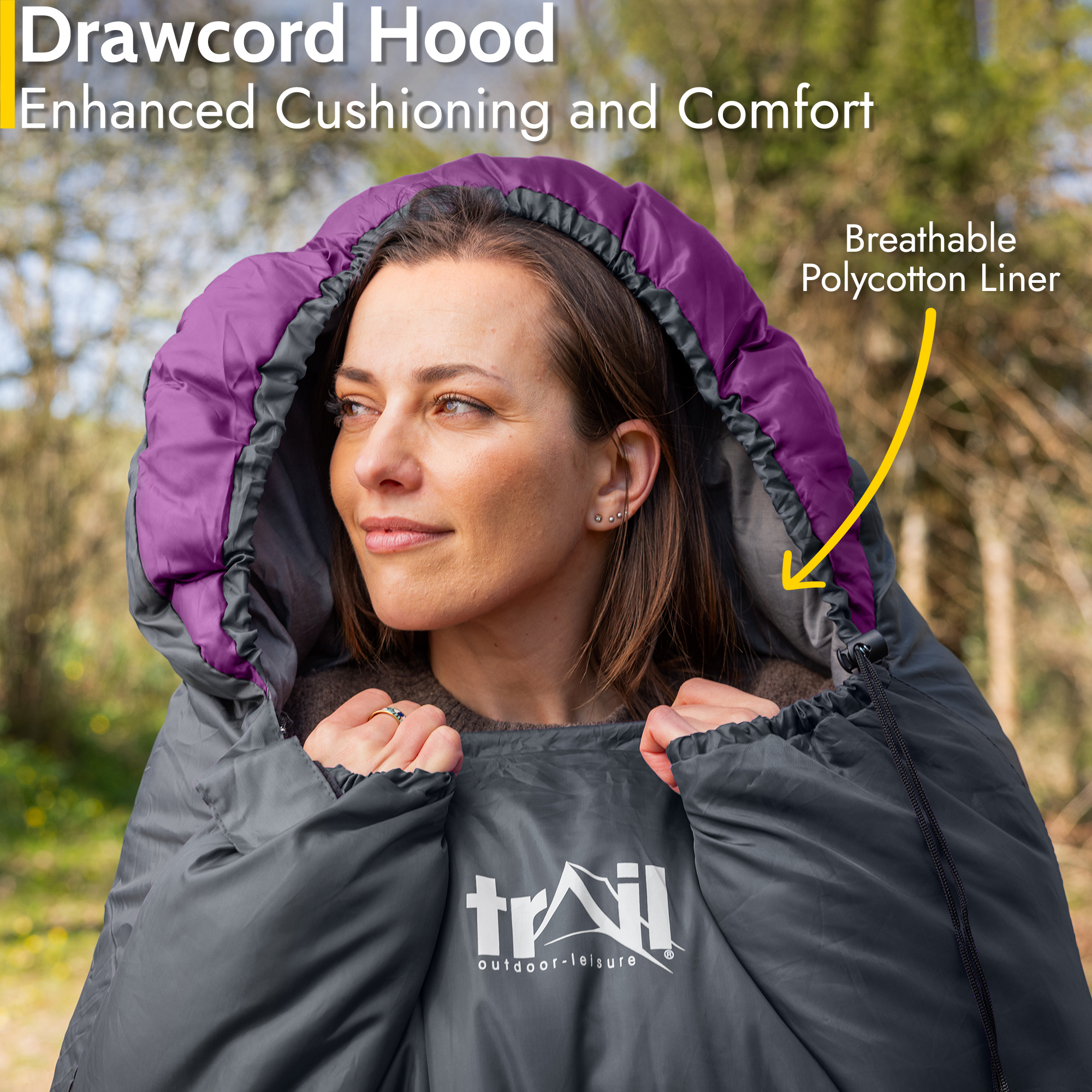 Trail XL Hooded Sleeping Bag Extra Wide Water Resistant 2-3 Season 230cm x 100cm - Produktbild 3
