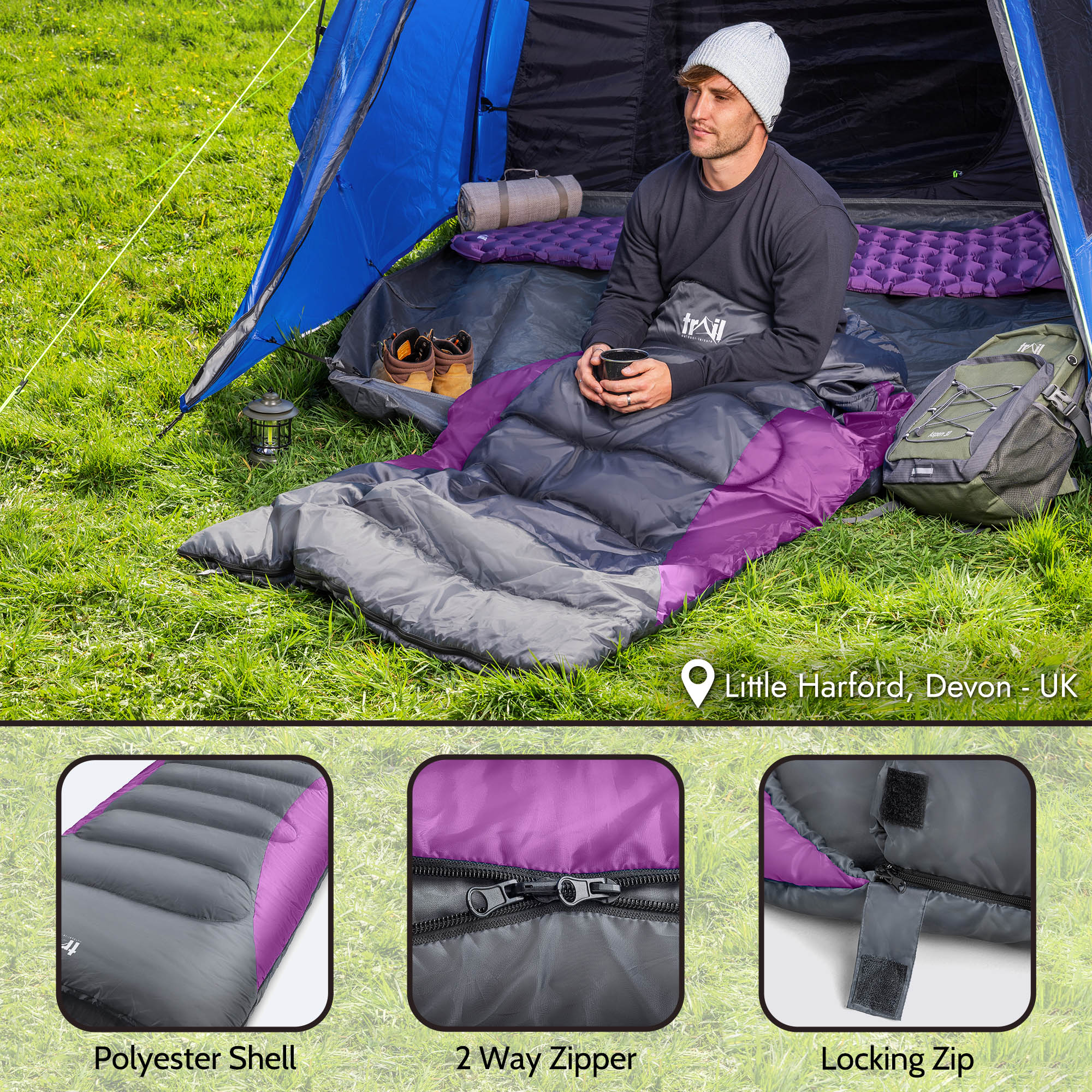 Trail XL Hooded Sleeping Bag Extra Wide Water Resistant 2-3 Season 230cm x 100cm - Produktbild 4