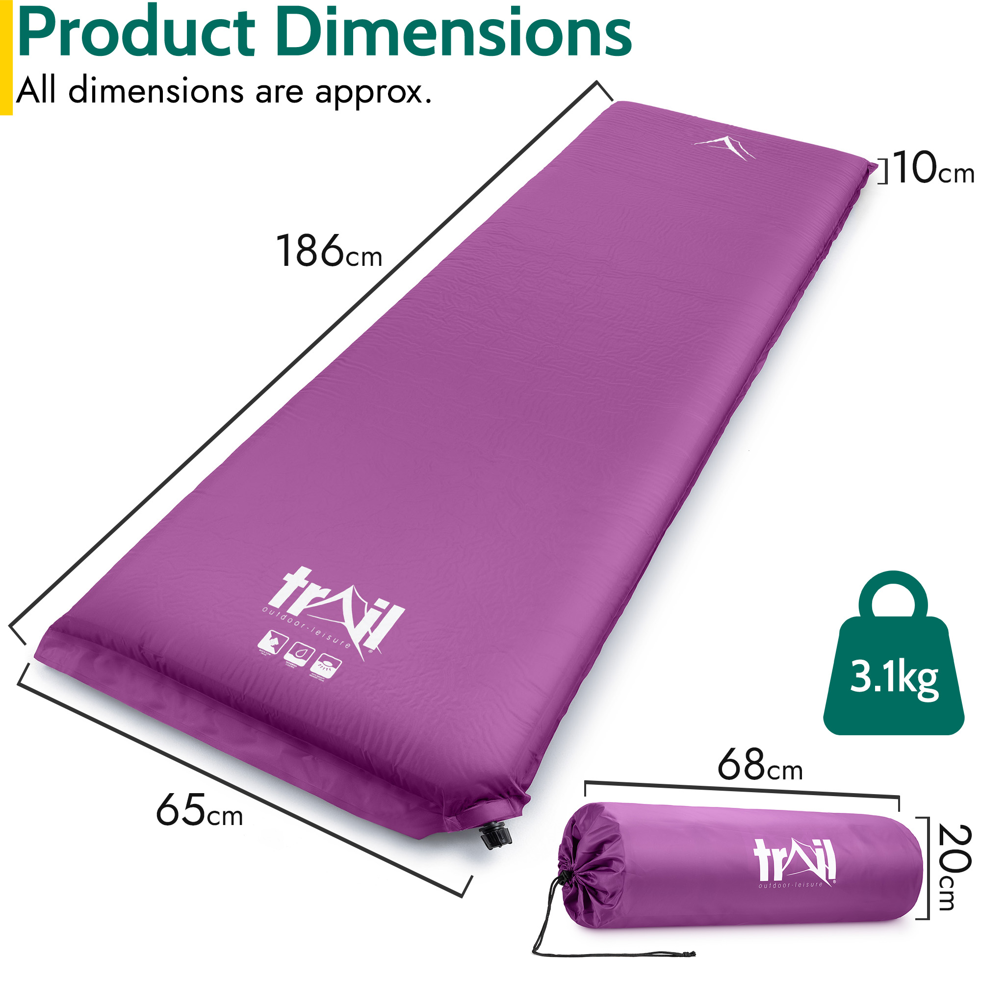 Extra Wide Self Inflating Sleeping Mat Foam Camping Mattress 186cm x 65cm x 10cm - Picture 28 of 28