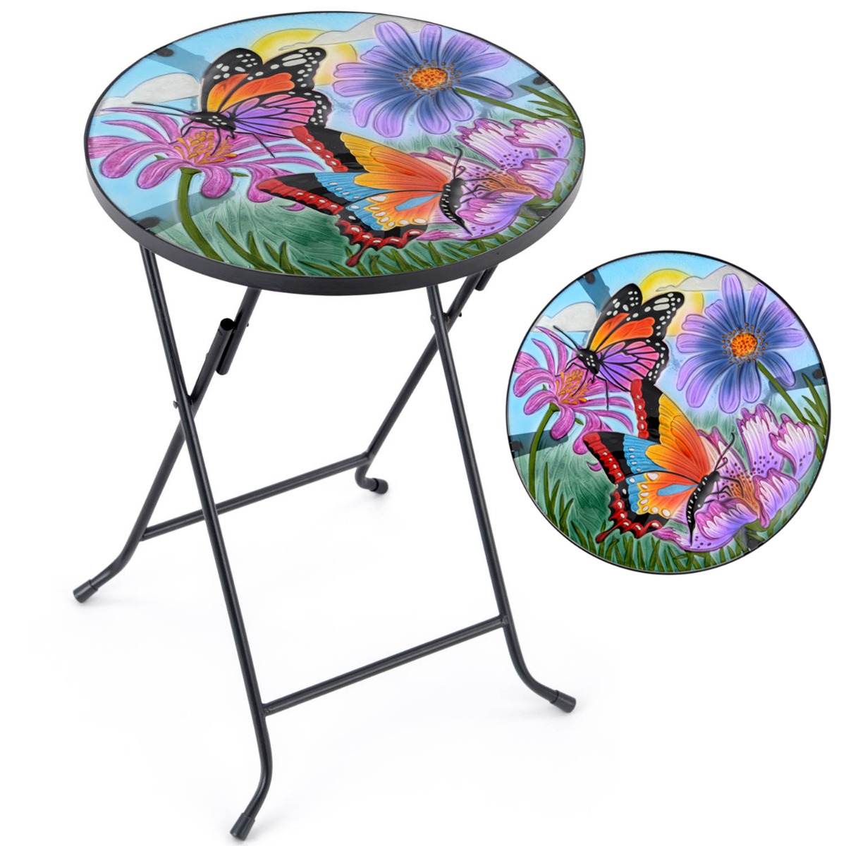Garden Table Round Glass Top Folding Outdoor Patio Decoration Butterfly Christow 5031470232450