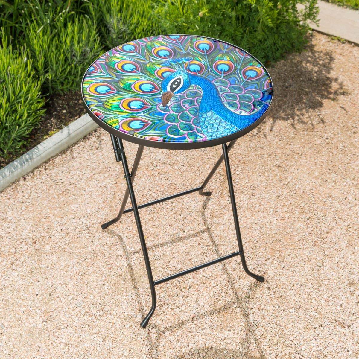 Garden Table Round Glass Top Folding Outdoor Patio Decoration Peacock